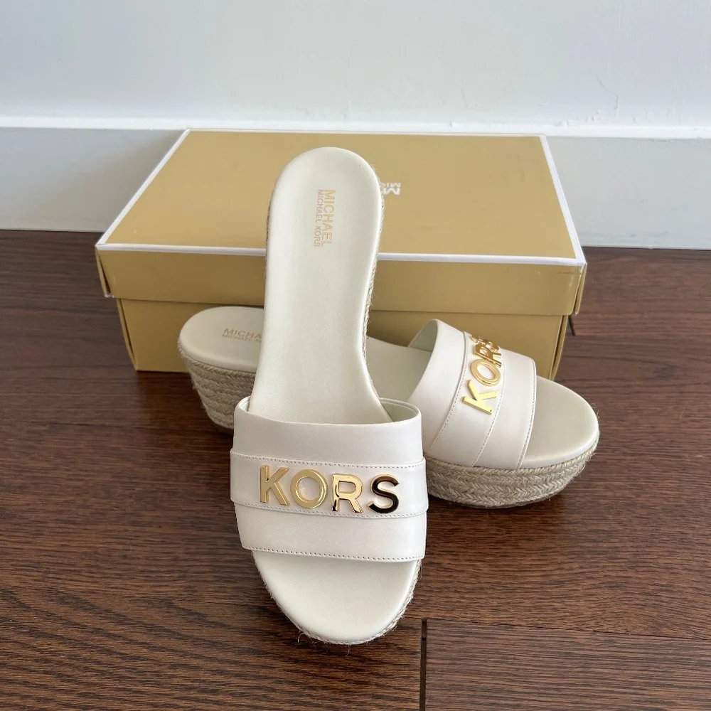 Michael Kors Brady white leather platform wedge espadrille slides - Picture 2 of 9